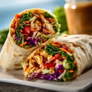 Thai Peanut Chicken Wraps 2 Thai Peanut Chicken Wraps filled with fresh ingredients and peanut sauce