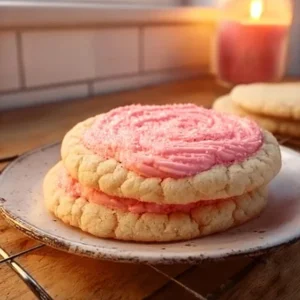 Delicious Crumbl pink sugar cookie with frosting and sprinkles on a plate.
