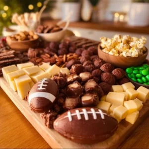Candy Football Themed Charcuterie Board 2 Football themed candy charcuterie board with assorted sweets and treats.