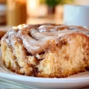 Cinnamon Roll Cake 2 Delicious cinnamon roll cake topped with icing and sprinkled cinnamon.