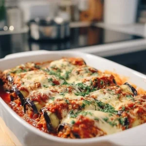 Fluffy Eggplant Rollatini Bake topped with cheese and herbs