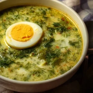 Green Borscht 2 A bowl of traditional Green Borscht soup made with fresh greens and vegetables.