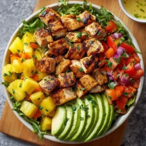 Hawaiian Chicken Salad 2 Bowl of Hawaiian Chicken Salad with pineapple and greens, gluten-free recipe