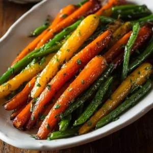 Honey Glazed Carrots & Green Beans 2 Plate of honey glazed carrots and green beans garnished for a delicious side dish.