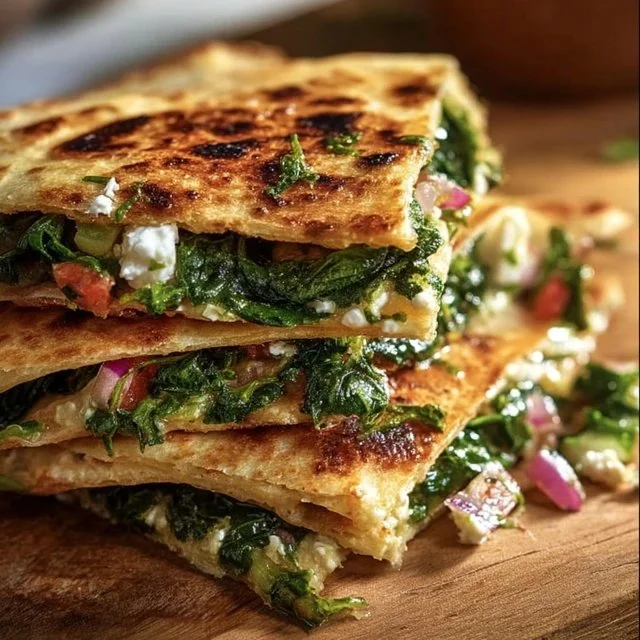 Mediterranean Quesadillas with Spinach, Feta, Mozzarella, and Red Onion