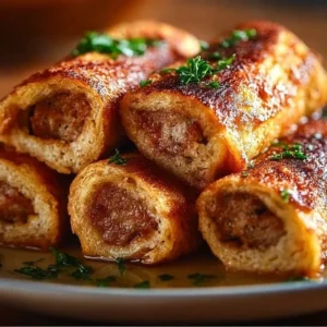 Sausage French Toast Roll-Ups served with syrup on a plate
