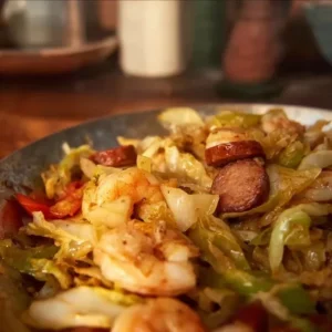 Southern Fried Cabbage with Shrimp 2 Southern Fried Cabbage with Shrimp served in a skillet