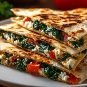 Spinach and Feta Quesadillas 2 Delicious spinach and feta quesadillas served on a plate