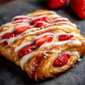 Freshly baked Strawberry Danish with flaky pastry and strawberries on top.