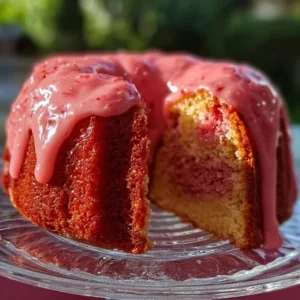 Strawberry Honeybun Cake 2 Delicious Strawberry Honeybun Cake topped with strawberries and glaze.