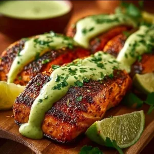 Baked Cajun Salmon with Creamy Avocado Lime Sauce 2 Baked Cajun Salmon served with creamy avocado lime sauce on a plate