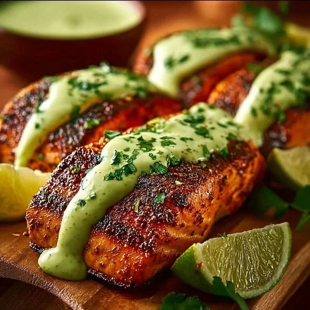 Baked Cajun Salmon with Creamy Avocado Lime Sauce