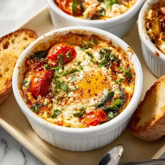 Baked Feta Eggs with Tomatoes and Spinach