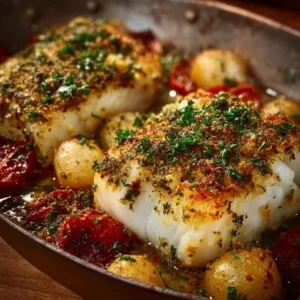 Boston Baked Cod 2 Deliciously baked cod fillet served with herbs and lemon in a white plate.