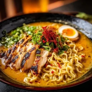 Creamy Garlic Chicken Ramen 2 Creamy garlic chicken ramen in a bowl topped with green onions and spices