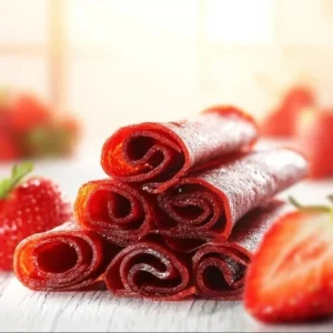 Homemade Strawberry Fruit Roll-Ups 2 Homemade strawberry fruit roll-ups made with fresh strawberries.