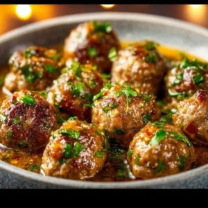 Keto Garlic Butter Meatballs 2 Keto Garlic Butter Meatballs plated with fresh herbs