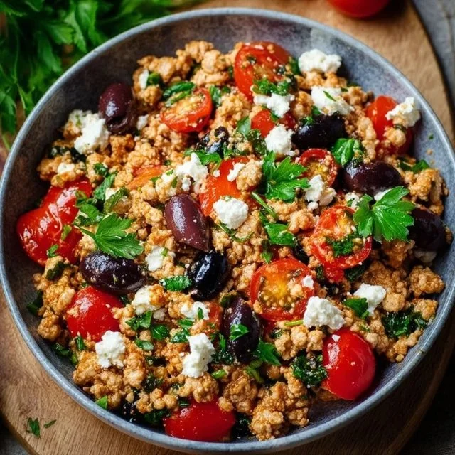 Mediterranean Keto Ground Chicken Skillet with Olives and Feta