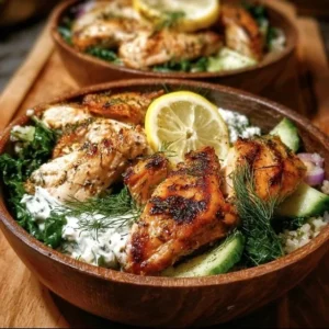 Mediterranean Lemon-Dill Chicken Bowls 2 Mediterranean Lemon-Dill Chicken Bowl with fresh veggies and herbs